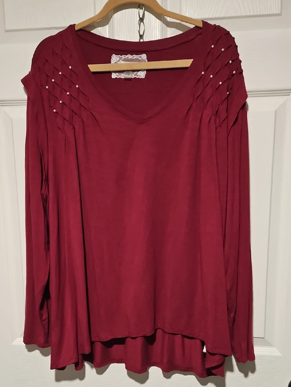 Cupio Burgundy V-Neck Long Sleeve Top with Pearl Shoulder Detail - Picture 3 of 5